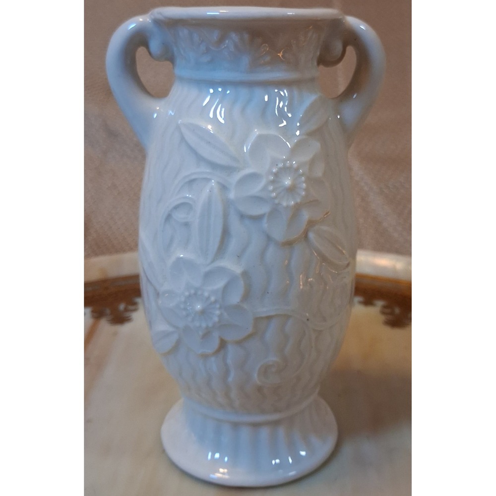 Vintage Japanese White Porcelain Floral Embossed Bud Vase Double Handle